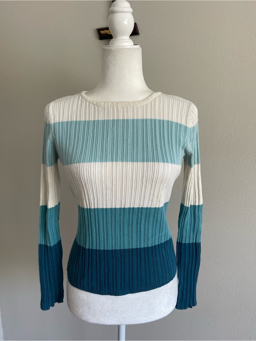 Cherokee Striped Rib-Knit Long Sleeve Top - Teal, Aqua & White